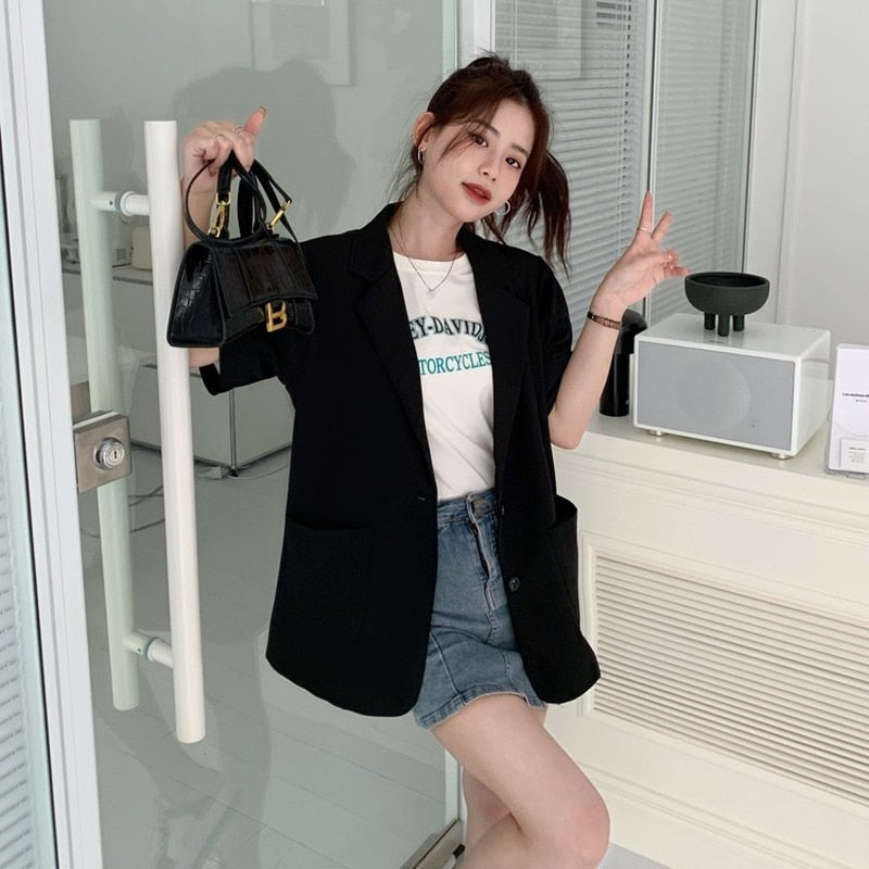 Blazers Women Notched Summer Loose Fashion Elegant Chic Pockets Office-look High Street Outwear Hot Sale Basic Mujer Clothing