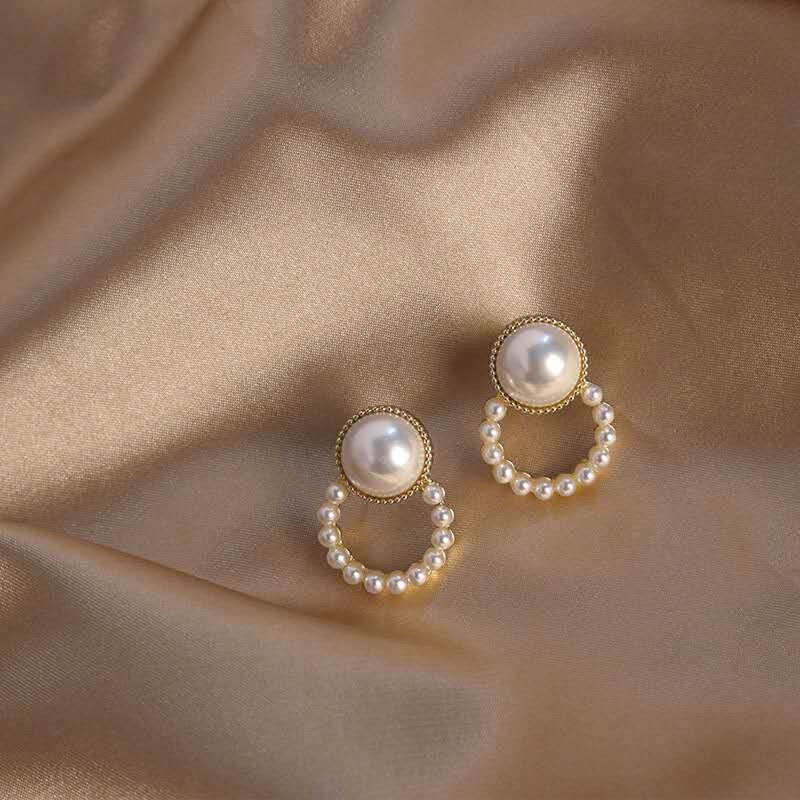 New white boho imitation pearl round circle hoop earrings female gold color big earrings korean jewelry statement earrings