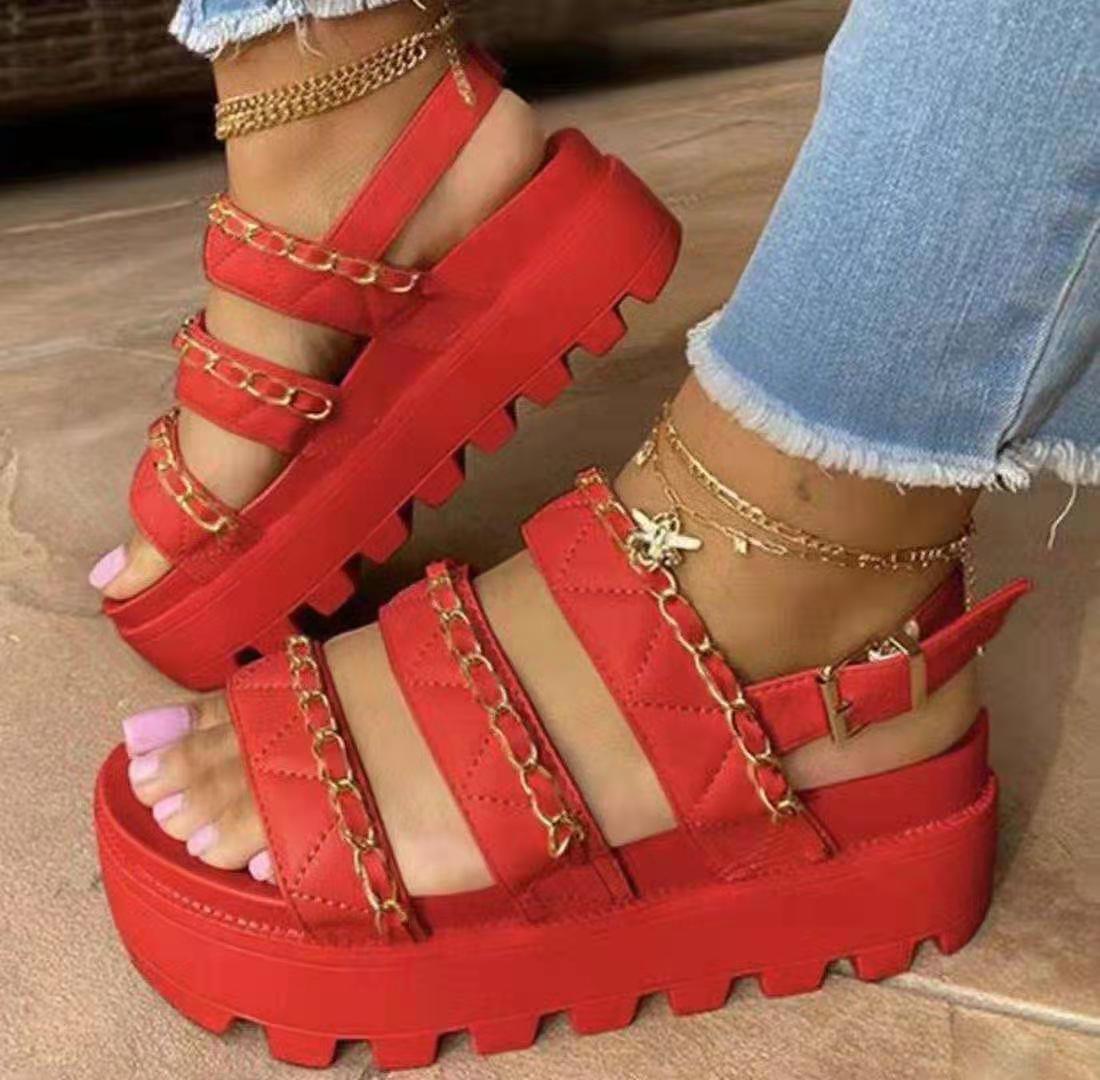 New Women's Sandals Fashion Metal Chain Casual Flat Shoes Comfortable Platform Buckle Roman Sandals Chaussure Ete Femme 2022
