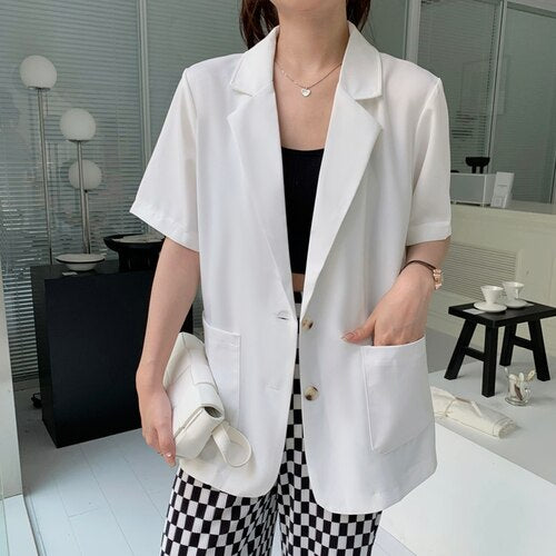 Blazers Women Notched Summer Loose Fashion Elegant Chic Pockets Office-look High Street Outwear Hot Sale Basic Mujer Clothing