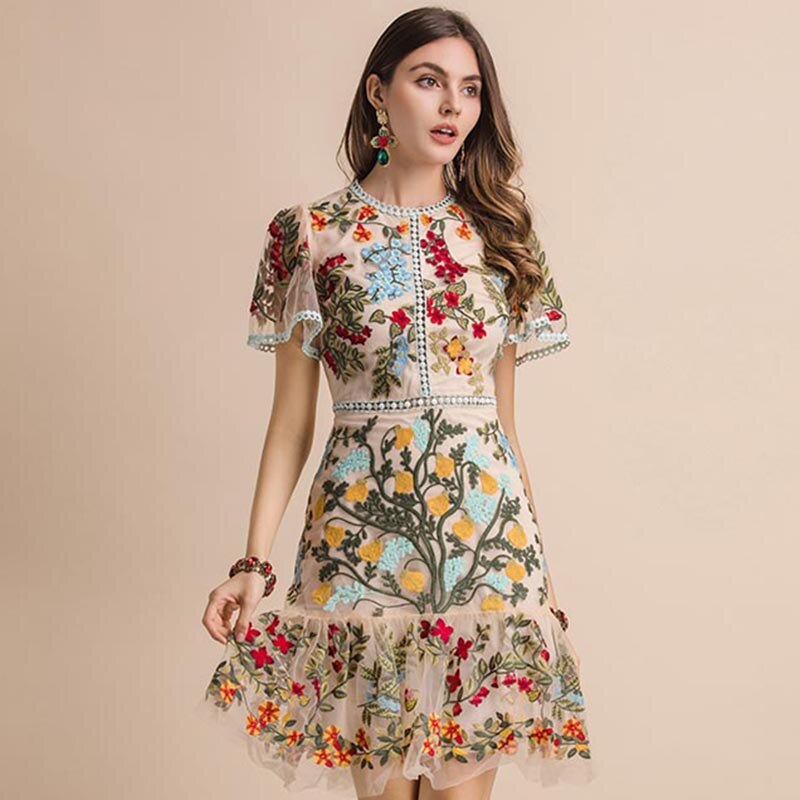 LD LINDA DELLA New 2023 Fashion Runway Summer Dress Women's Flare Sleeve Floral Embroidery Elegant Mesh Hollow Out Midi Dresses
