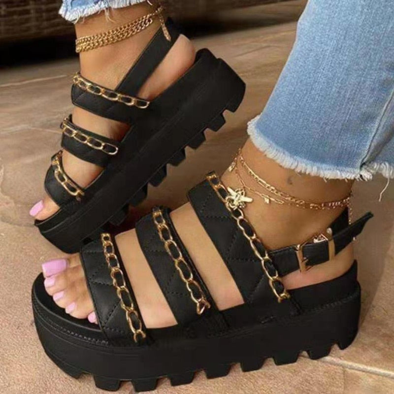 New Women's Sandals Fashion Metal Chain Casual Flat Shoes Comfortable Platform Buckle Roman Sandals Chaussure Ete Femme 2022