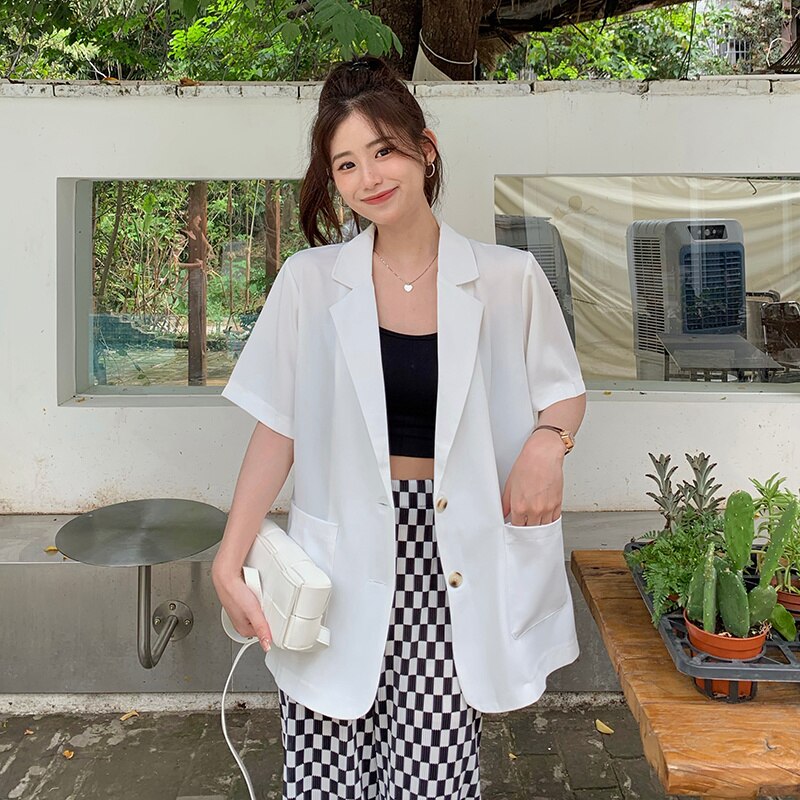 Blazers Women Notched Summer Loose Fashion Elegant Chic Pockets Office-look High Street Outwear Hot Sale Basic Mujer Clothing