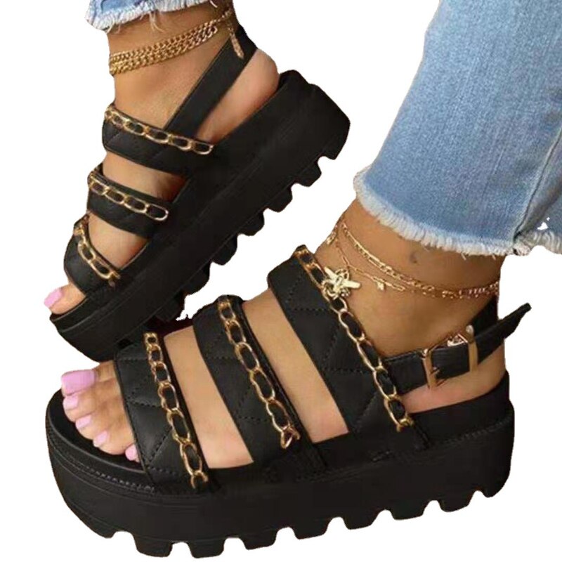 New Women's Sandals Fashion Metal Chain Casual Flat Shoes Comfortable Platform Buckle Roman Sandals Chaussure Ete Femme 2022