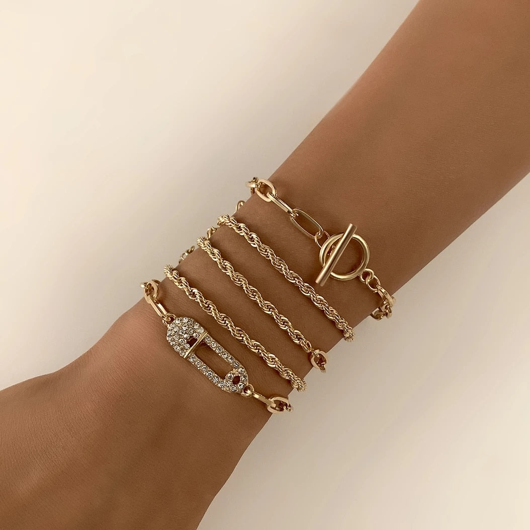 Fashion Statement Heavy Metal Bangle Bracelet Trendy Gold Color Copper Chain U Link Crystal Bracelet Pulseras Women Bijoux Gift