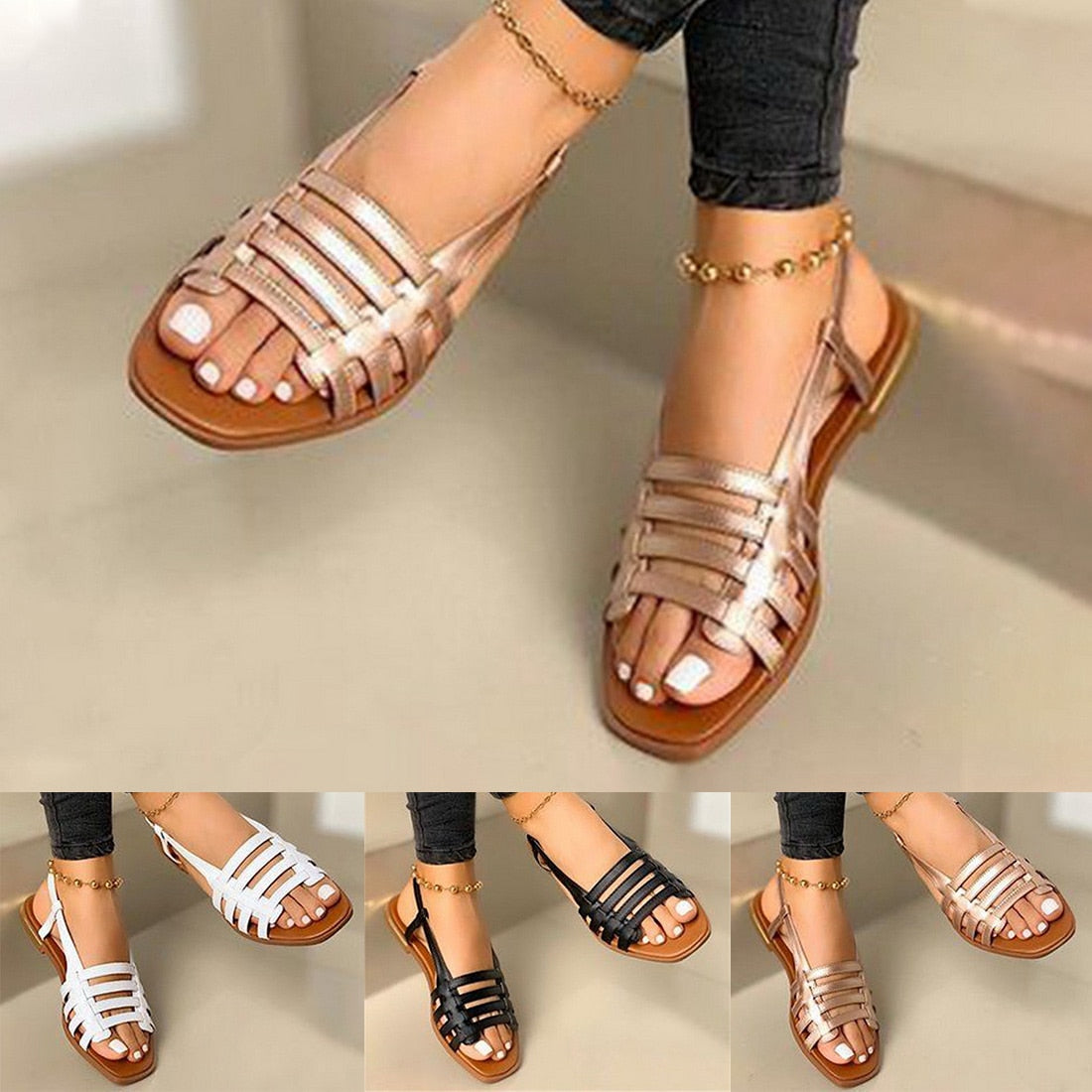 Women Sandals Woman Summer Hollow Out Roman Shoes 2022 Women's Gladiator Open Toe Beach Flats Ladies Footwear Plus Size 35-43