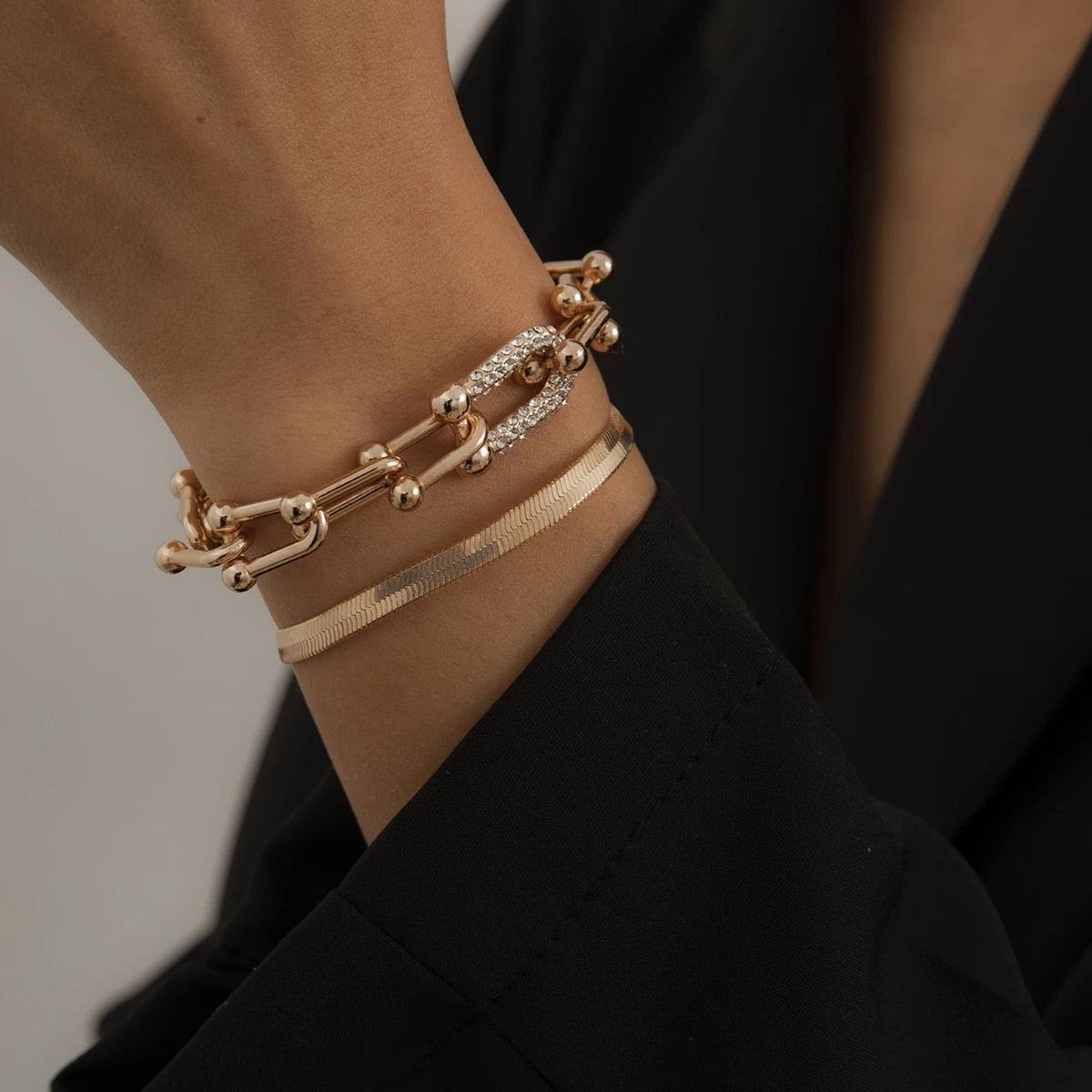 Fashion Statement Heavy Metal Bangle Bracelet Trendy Gold Color Copper Chain U Link Crystal Bracelet Pulseras Women Bijoux Gift