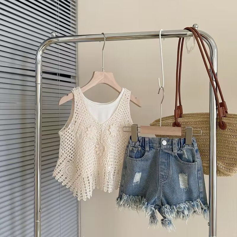 Clothes For Girls Summer Sets Fashion Kids Girls Cotton Vest Sleeveless Clothes 3Pcs Outfits Clothing For Teen Suit Children