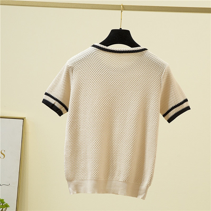 Knitted T Shirt Women Bow Patchwork Short Sleeve T-Shirt Korean Fashion Womens Clothing 2022 Summer Tops Thin Tee Shirt Femme