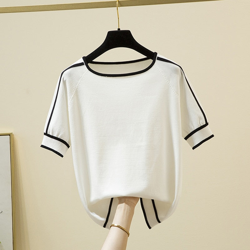 Camisetas Mujer 2021 Thin Knitted T Shirt Women Short Sleeve Summer Tops Woman Clothes Striped Fashion T-Shirt Tee Shirt Femme
