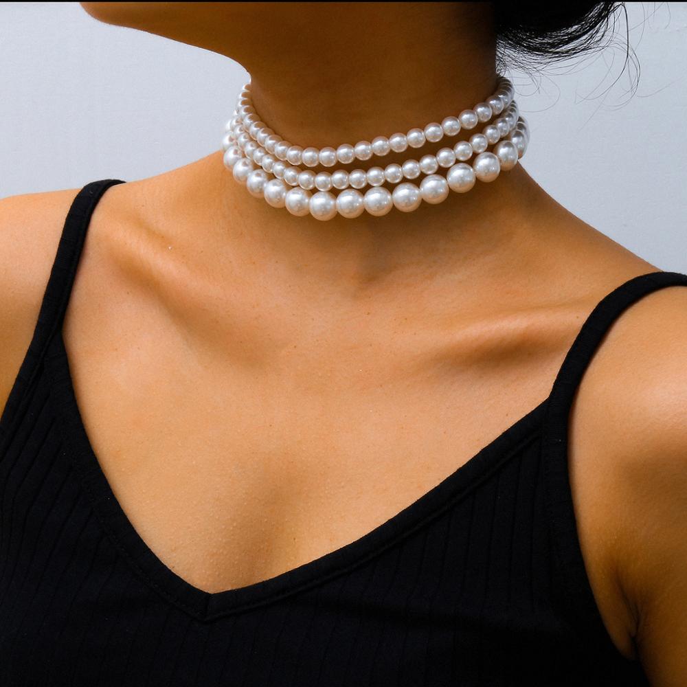 Multi-Layer White Imitation Pearl Necklace Bead  Chain Punk Ladies Wedding Short Clavicle Necklac Girl Charm Banquet Jewelry