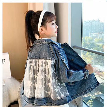 New Children&#39;s Denim Jackets Trench Jean Embroidery Jackets Girls Kids clothing baby Lace coat Casual outerwear Spring Autumn
