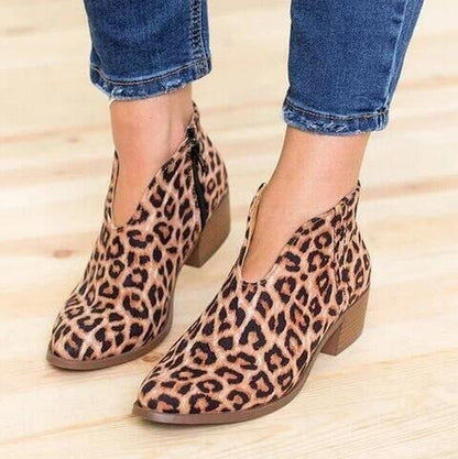 Woman Slip on Deep V High Heel Boot Women Boots Fashion Shoes Leopard Print Sexy Pointed Toe Ankle Boots Lady Party Shoes