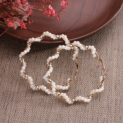 New white boho imitation pearl round circle hoop earrings female gold color big earrings korean jewelry statement earrings