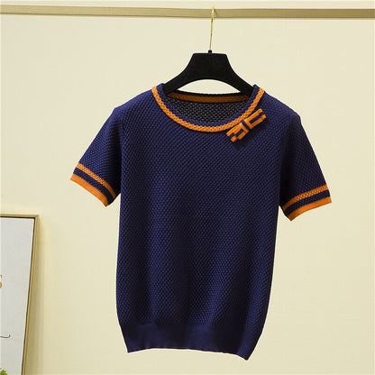 Knitted T Shirt Women Bow Patchwork Short Sleeve T-Shirt Korean Fashion Womens Clothing 2022 Summer Tops Thin Tee Shirt Femme