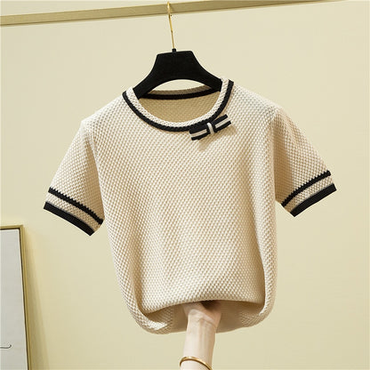 Knitted T Shirt Women Bow Patchwork Short Sleeve T-Shirt Korean Fashion Womens Clothing 2022 Summer Tops Thin Tee Shirt Femme