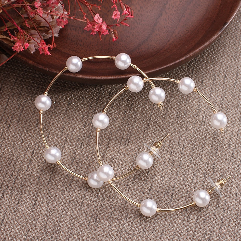 New white boho imitation pearl round circle hoop earrings female gold color big earrings korean jewelry statement earrings