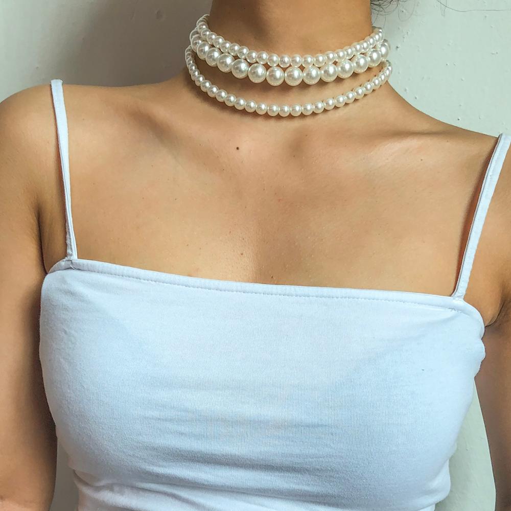 Multi-Layer White Imitation Pearl Necklace Bead  Chain Punk Ladies Wedding Short Clavicle Necklac Girl Charm Banquet Jewelry