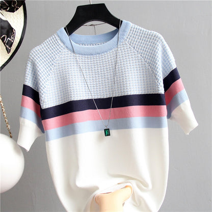 Camisetas Mujer 2021 Thin Knitted T Shirt Women Short Sleeve Summer Tops Woman Clothes Striped Fashion T-Shirt Tee Shirt Femme