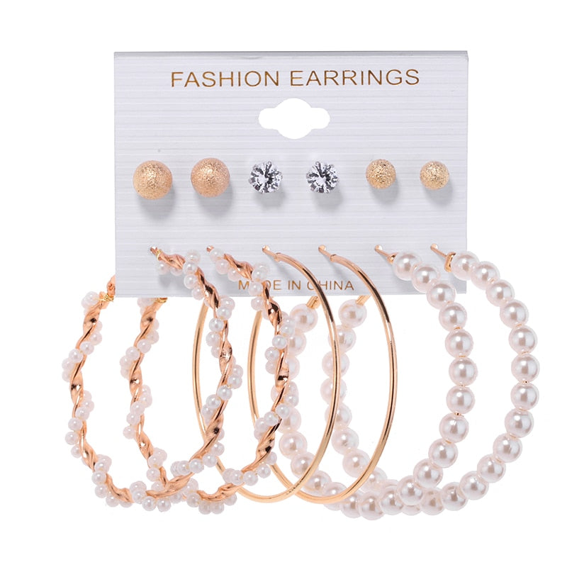 New white boho imitation pearl round circle hoop earrings female gold color big earrings korean jewelry statement earrings