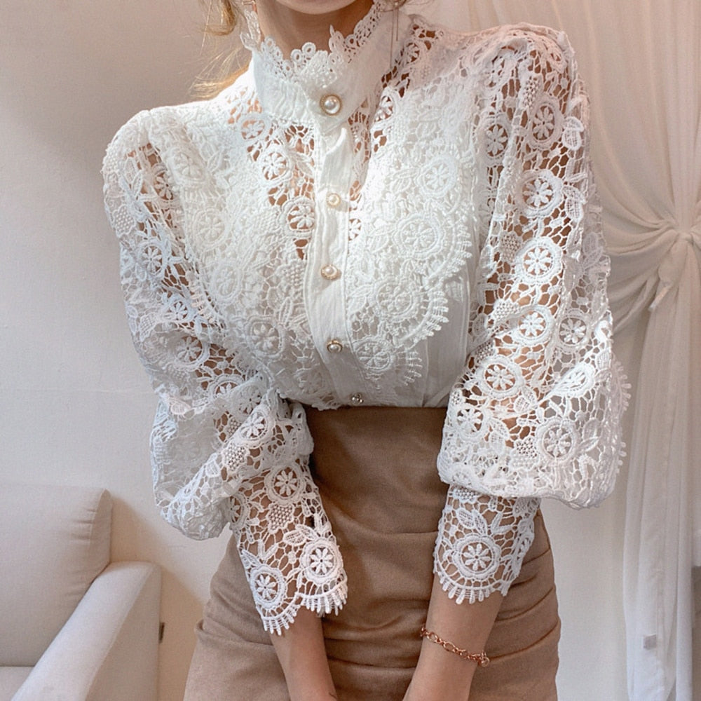 Women Sexy White Lace Patchwork Hollow Out Shirt Blouse Long Sleeve O-Neck Mesh Tops 2023 Spring prink elegant Button Shirts