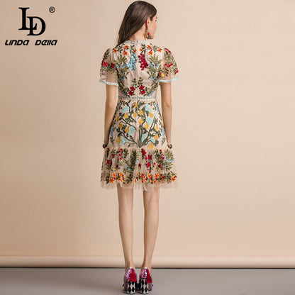 LD LINDA DELLA New 2023 Fashion Runway Summer Dress Women's Flare Sleeve Floral Embroidery Elegant Mesh Hollow Out Midi Dresses