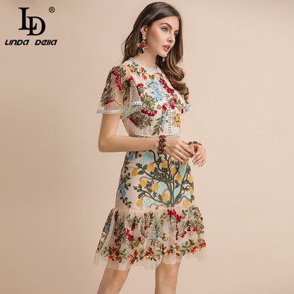 LD LINDA DELLA New 2023 Fashion Runway Summer Dress Women's Flare Sleeve Floral Embroidery Elegant Mesh Hollow Out Midi Dresses