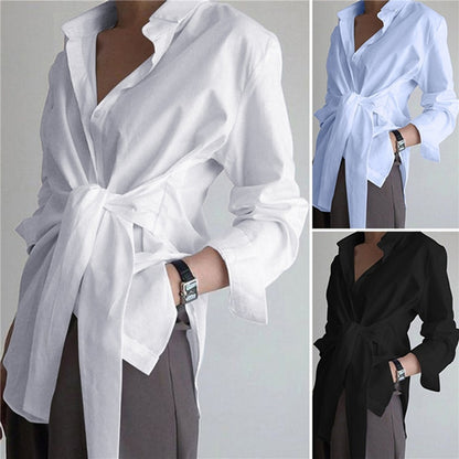 2023 Fashion Blouses Women&#39;s Long Sleeve Lapel Casual Loose Shirts Spring Solid Color Bandage Clothes Elegant Lady Tops