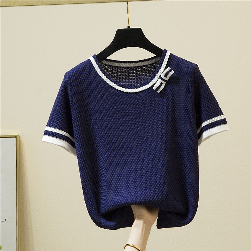 Knitted T Shirt Women Bow Patchwork Short Sleeve T-Shirt Korean Fashion Womens Clothing 2022 Summer Tops Thin Tee Shirt Femme