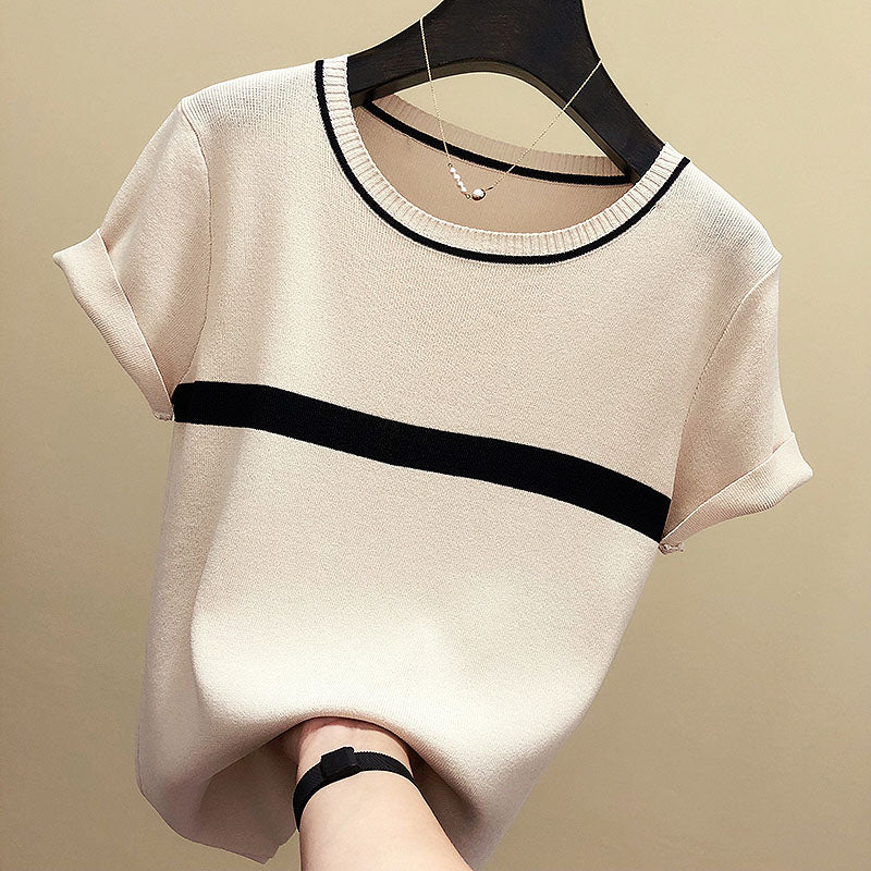 Camisetas Mujer 2021 Thin Knitted T Shirt Women Short Sleeve Summer Tops Woman Clothes Striped Fashion T-Shirt Tee Shirt Femme