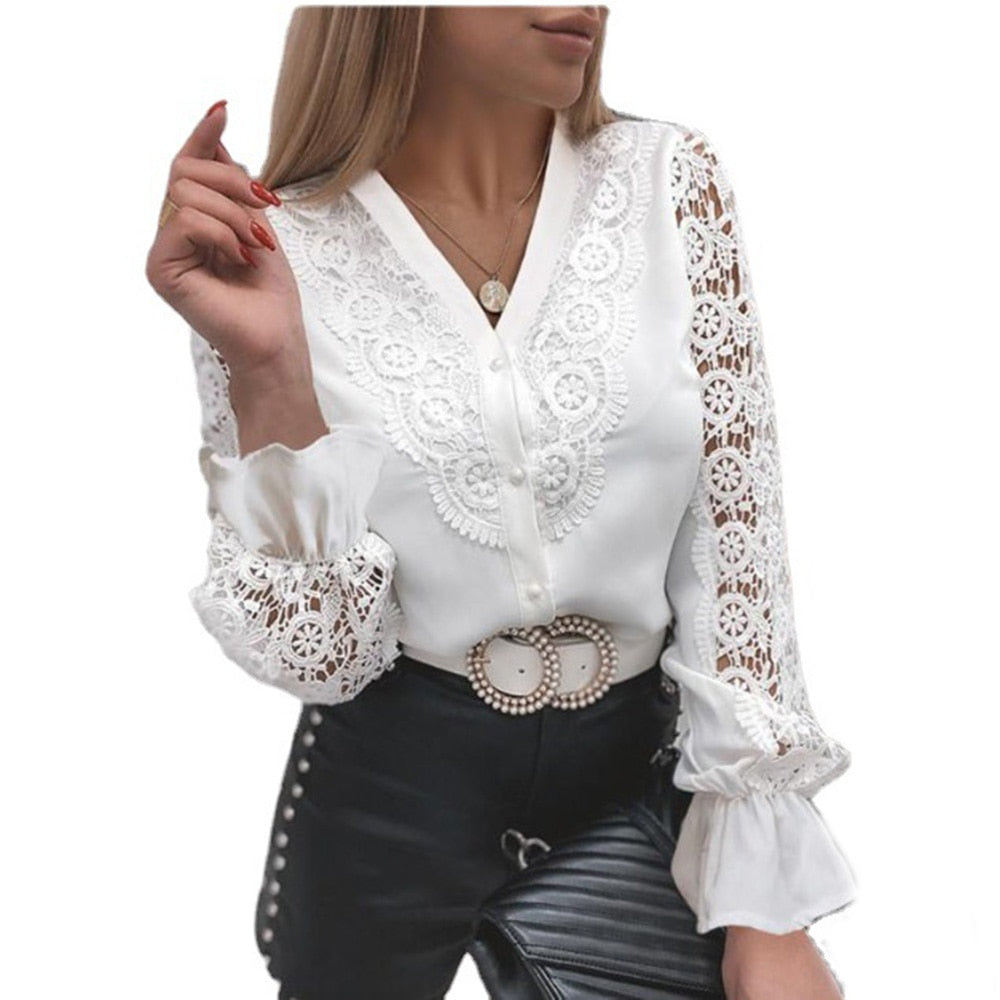 Women Sexy White Lace Patchwork Hollow Out Shirt Blouse Long Sleeve O-Neck Mesh Tops 2023 Spring prink elegant Button Shirts