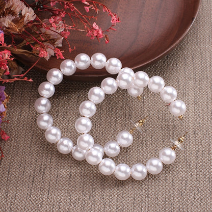 New white boho imitation pearl round circle hoop earrings female gold color big earrings korean jewelry statement earrings