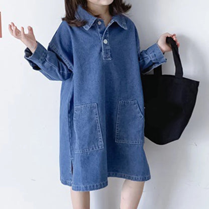 Humor Bear Girls Dress NEW Spring Autumn Long-Sleeve Solid Color Denim Casual Loose Pocket Toddler Kids Clothes