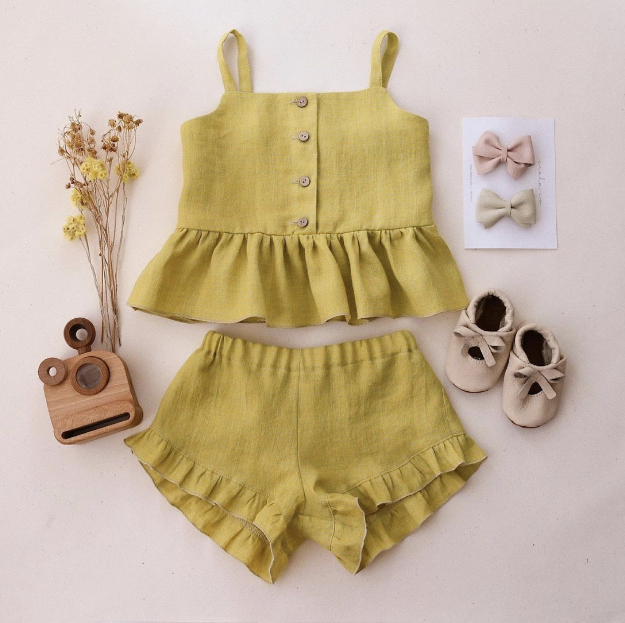 New Baby Girl Suits Summer Clothes Tops+Shorts Vest Harness Falbala Cotton Linen Solid Color Outfits Bebe Infant Clothing Sets