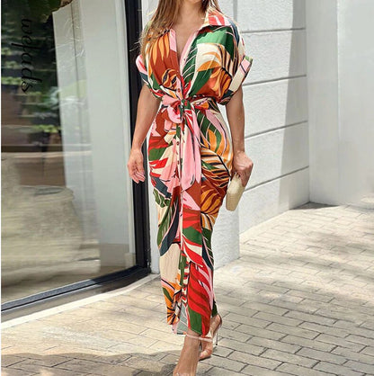 Women Vintage Printed Maxi Dress Summer Casual Button Lace Up Short Sleeve Dresses Female Solid V Neck Beach Long Dress Vestidos