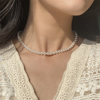 Handmade Vintage Simulation Round Pearl Choker Necklace Elegant Simple Adjustable Multiple Sizes Beaded Necklace For Women Girls