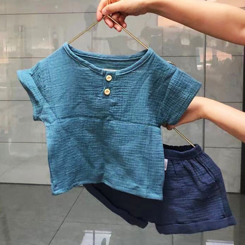 2Pcs Cotton Casual Summer Newborn Baby Boys Girls Outfits Suit Ribbed Knitted Short Sleeve T-shirts Tops+Shorts Kids Tracksuits