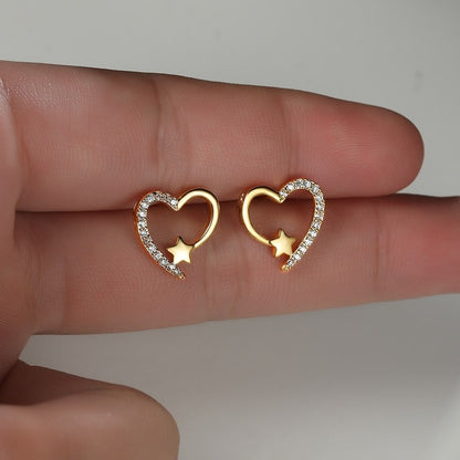 Gold Plated Heart Stud Earrings, Shiny Zircon Earrings, Metal Elegant Fashion Heart Jewelry, Romantic Female Couple Earrings