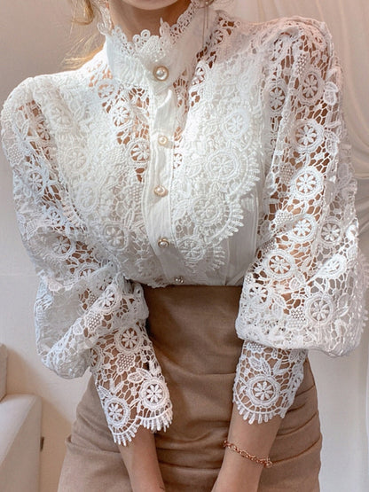 Women Sexy White Lace Patchwork Hollow Out Shirt Blouse Long Sleeve O-Neck Mesh Tops 2023 Spring prink elegant Button Shirts