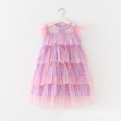 Girls Tulle Super Fairy Princess Dresses Fly Sleeve Rainbow Star Sequined Cake Dress Children Mesh Puffy Birthday Party Vestidos