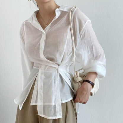SHENGPALAE White Irregular Blouse Women's Autumn 2023 New Lapel Loose Single Breasted Lace Up Long Sleeve Shirt Female 5E2076