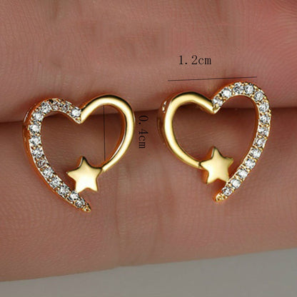 Gold Plated Heart Stud Earrings, Shiny Zircon Earrings, Metal Elegant Fashion Heart Jewelry, Romantic Female Couple Earrings