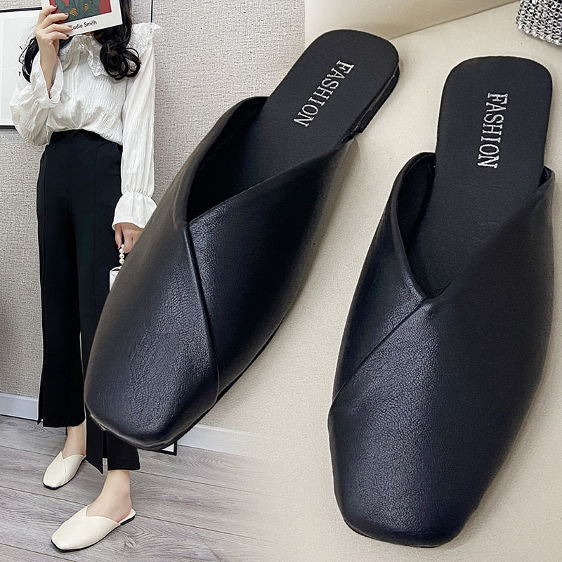 Plus Size Women Mules 2022 Summer Elegant Square Closed Toe Flat Slippers Female Shoes Casual Leather Black White Slides Ladies