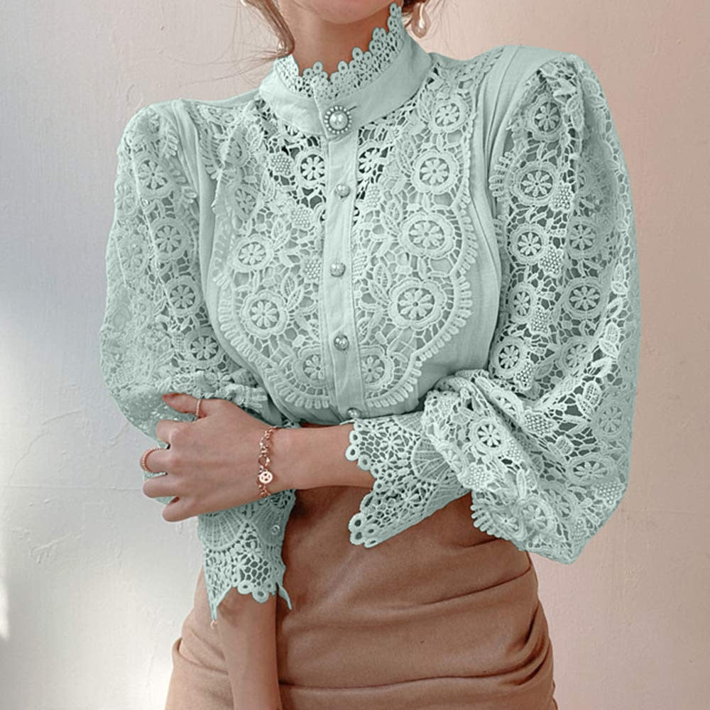 Elegant Lace Embroidery Women Blouse Petal Sleeve Hollow Out Solid Button Stand Collar Shirt Femme Plus Size Spring Blusa Tunic