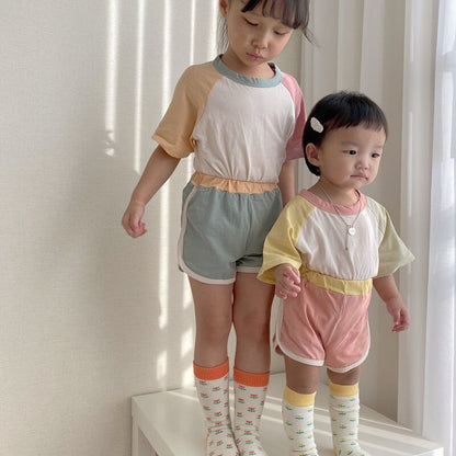 2pcs Toddler Children Boys Girls Outfits Sets Summer Fashion Short Sleeve Kids T-shirts + Shorts Patchwork Color Clothing Suit