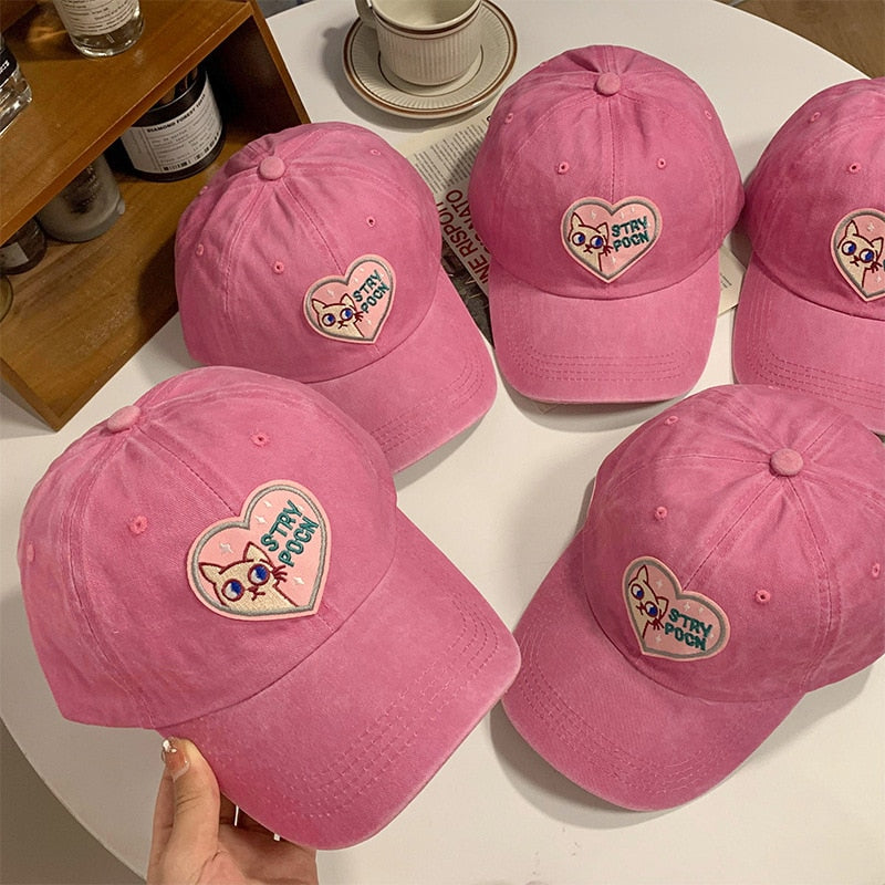 Pink Lovely Girls Baseball Cap Female Fashion Adjustable Snapback Women Hats Soft Top Peaked Cap Cute Cat Hat Trendy Face Small