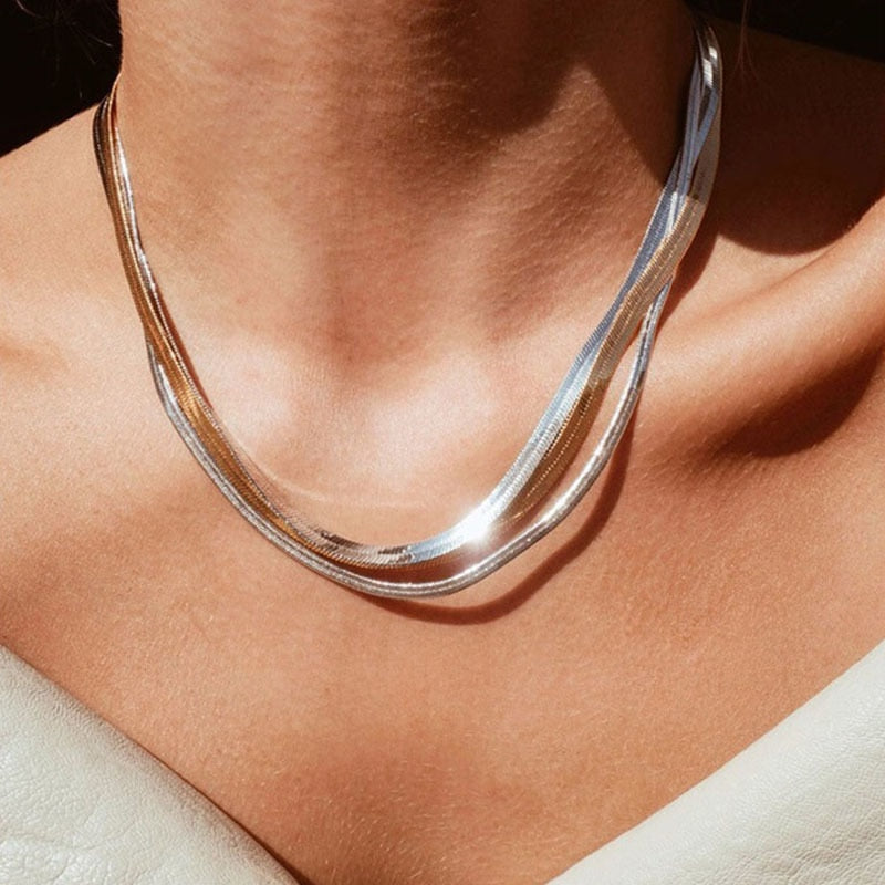 3-5mm Women Herringbone Necklace, Stainless Steel Silver Color Collarbone Chain Choker Collier
