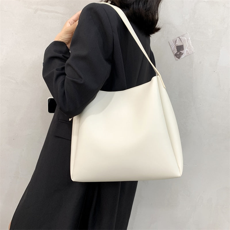 Quality Women Tote Bags 2 Pcs/Set Large Capacity Shopper Shoulder Bag Pure Color Wide Strap Soft PU Leather Female Handbags 2022