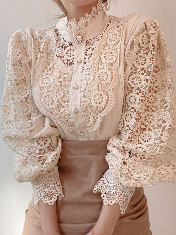 Women Sexy White Lace Patchwork Hollow Out Shirt Blouse Long Sleeve O-Neck Mesh Tops 2023 Spring prink elegant Button Shirts