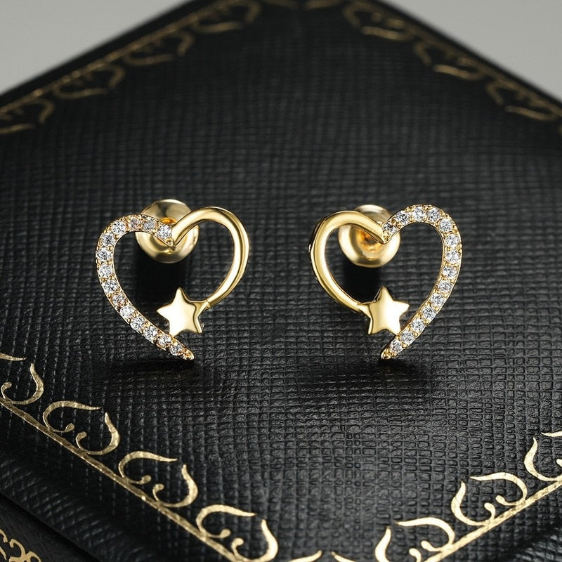 Gold Plated Heart Stud Earrings, Shiny Zircon Earrings, Metal Elegant Fashion Heart Jewelry, Romantic Female Couple Earrings
